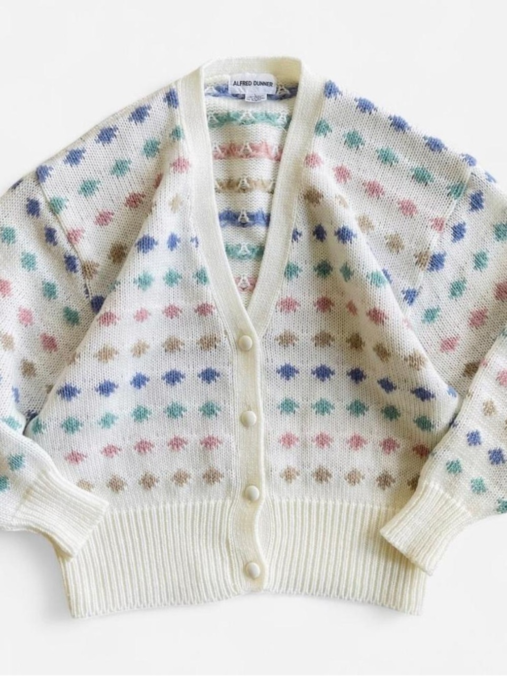 Vintage Diamond Dot Cream Tone Cardigan Pastel Knit Granny Sweater Alfred Dunner
